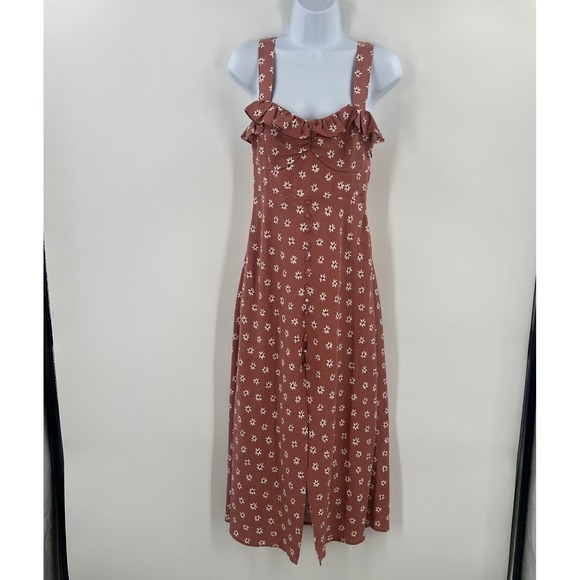 Zara Pink Floral Linen Blend Midi Dress Small Ruffle Button Front Slit Boho - Picture 8 of 8